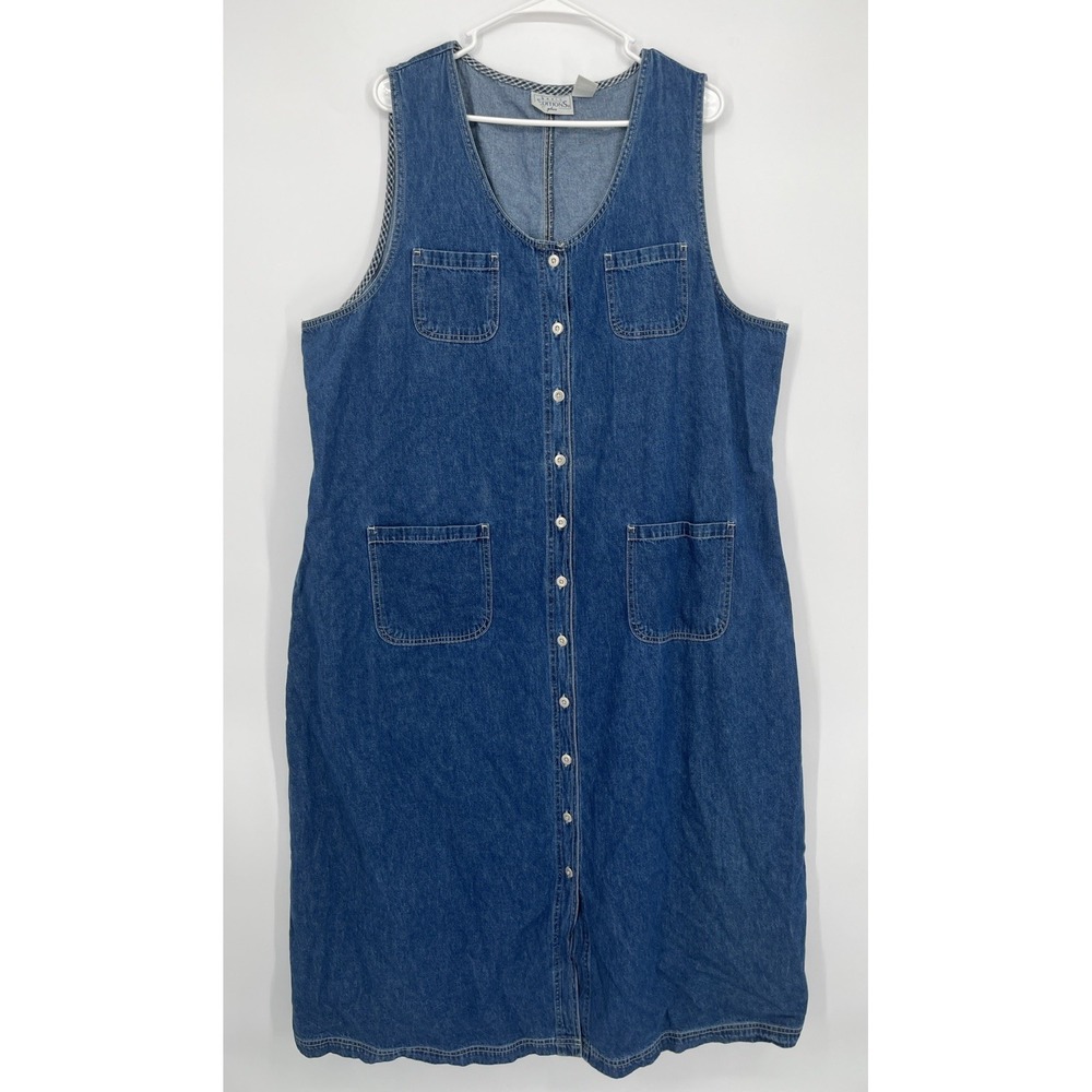 VTG  2X Plus Dress Denim Pinafore Modest Cottagecore Grannycore 90s Button Front